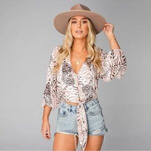 Buddy Love Estelle Animal Print Blouse Size M Tie Front Cropped Semi Sheer